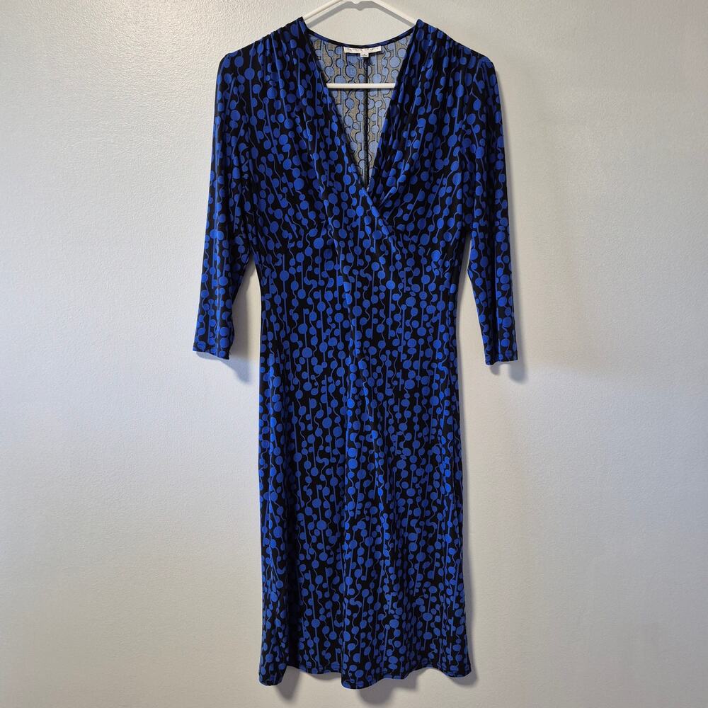 Sandra Darren Fit & Flare Dress Royal Blue Black Midi V Neckline Size 8